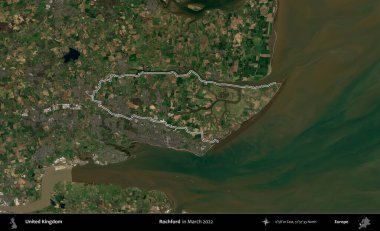 Rochford. Mart 2022 'de çekilen Copernicus Sentinel karolarından oluşan bir uydu görüntüsü üzerinde Birleşik Krallık' ın idari alanının ana hatlarını belirledik.