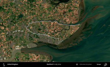 Rochford. Temmuz 2024 'te çekilen Copernicus Sentinel karolarından oluşan bir uydu görüntüsü üzerinde Birleşik Krallık' ın idari bölgesinin ana hatlarını belirledik.