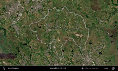 Rossendale 'de. Temmuz 2018 'de çekilen Copernicus Sentinel karolarından oluşan bir uydu görüntüsü üzerinde Birleşik Krallık' ın idari bölgesinin ana hatlarını belirledik.