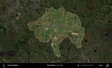 Rossendale 'de. Birleşik Krallık 'ın idari alanı, Temmuz 2018' de çekilen Kopernik Nöbetçi karolarından oluşan koyu renkli bir uydu görüntüsü üzerinde vurgulandı ve özetlendi.