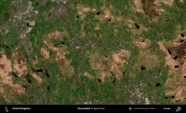 Rossendale 'de. Nisan 2023 'te çekilen Kopernik Nöbetçi karolarından oluşan bir uydu görüntüsü üzerinde Birleşik Krallık' ın idari alanı