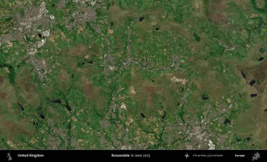 Rossendale 'de. Haziran 2023 'te çekilen Kopernik Nöbetçi karolarından oluşan bir uydu görüntüsü üzerinde Birleşik Krallık' ın idari alanı