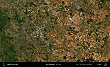Rotherham. Temmuz 2022 'de çekilen Copernicus Sentinel karolarından oluşan bir uydu görüntüsü üzerinde Birleşik Krallık' ın idari bölgesinin ana hatlarını belirledik.