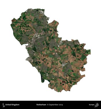 Rotherham. Birleşik Krallık 'ın idari alanı, Eylül 2024' te çekilen Kopernik Nöbetçi karolarından oluşan bir uydu görüntüsü üzerinde beyaza izole edilmiştir.