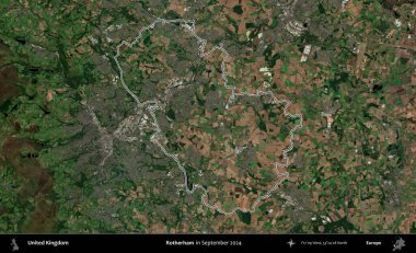 Rotherham. Eylül 2024 'te çekilen Kopernik Nöbetçi karolarından oluşan bir uydu görüntüsü üzerinde Birleşik Krallık' ın idari bölgesinin ana hatlarını belirledik.