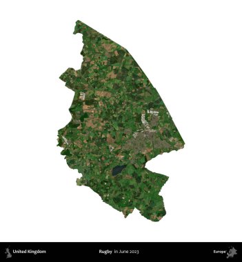 Ragbi. Birleşik Krallık 'ın idari alanı, Haziran 2023' te çekilen Kopernik Nöbetçi karolarından oluşan bir uydu görüntüsü üzerinde beyaza izole edilmiştir.