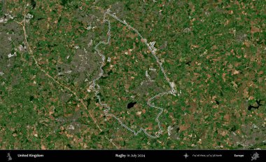 Ragbi. Temmuz 2024 'te çekilen Copernicus Sentinel karolarından oluşan bir uydu görüntüsü üzerinde Birleşik Krallık' ın idari bölgesinin ana hatlarını belirledik.