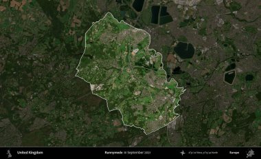 Runnymede. Birleşik Krallık 'ın idari alanı, Eylül 2021' de çekilen Kopernik Nöbetçi karolarından oluşan koyu renkli bir uydu görüntüsü üzerinde vurgulandı ve özetlendi.