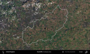 Rushcliffe. Ocak 2024 'te çekilen Kopernik Nöbetçi karolarından oluşan bir uydu görüntüsü üzerinde Birleşik Krallık' ın idari bölgesinin ana hatlarını belirledik.