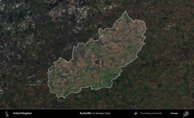 Rushcliffe. Birleşik Krallık 'ın idari alanı, Ocak 2024' te çekilen Kopernik Nöbetçi karolarından oluşan koyu renkli bir uydu görüntüsü üzerinde vurgulandı ve özetlendi.
