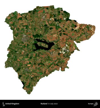 Rutland. Birleşik Krallık 'ın idari alanı, Temmuz 2022' de çekilen Kopernik Nöbetçi karolarından oluşan bir uydu görüntüsüyle beyaza izole edildi.