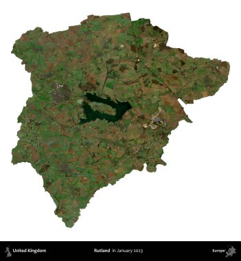 Rutland. Birleşik Krallık 'ın idari alanı, Copernicus Sentinel' in Ocak 2023 'te çekilen uydu görüntüsüyle beyaza izole edildi.
