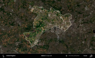 Salford. Birleşik Krallık 'ın idari alanı, Temmuz 2018' de çekilen Kopernik Nöbetçi karolarından oluşan koyu renkli bir uydu görüntüsü üzerinde vurgulandı ve özetlendi.