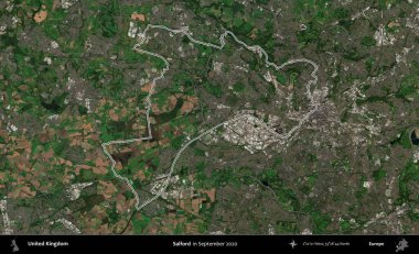 Salford. Eylül 2020 'de çekilen Kopernik Nöbetçi karolarından oluşan bir uydu görüntüsü üzerinde Birleşik Krallık' ın idari bölgesini özetledik.
