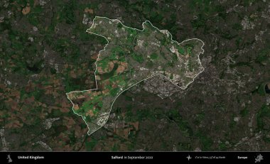 Salford. Birleşik Krallık 'ın idari alanı, Eylül 2020' de çekilen Kopernik Nöbetçi karolarından oluşan koyu renkli bir uydu görüntüsü üzerinde vurgulandı ve özetlendi.