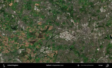 Salford. Eylül 2020 'de Copernicus Sentinel karolarından oluşan bir uydu görüntüsü üzerinde Birleşik Krallık' ın idari alanı