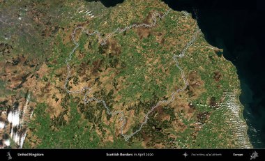 İskoç Sınırı. Nisan 2020 'de çekilen Kopernik Nöbetçi karolarından oluşan bir uydu görüntüsü üzerinde Birleşik Krallık' ın idari alanının ana hatlarını belirledik.