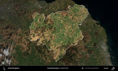 İskoç Sınırı. Birleşik Krallık 'ın idari alanı, Nisan 2020' de çekilen Kopernik Nöbetçi karolarından oluşan koyu renkli bir uydu görüntüsü üzerinde vurgulandı ve özetlendi.