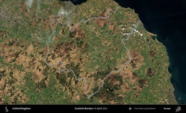 İskoç Sınırı. Nisan 2021 'de çekilen Kopernik Nöbetçi karolarından oluşan bir uydu görüntüsü üzerinde Birleşik Krallık' ın idari bölgesinin ana hatlarını belirledik.