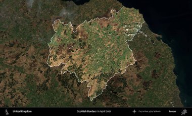 İskoç Sınırı. Birleşik Krallık 'ın idari alanı, Nisan 2021' de çekilen Kopernik Nöbetçi karolarından oluşan koyu renkli bir uydu görüntüsü üzerinde vurgulandı ve özetlendi.