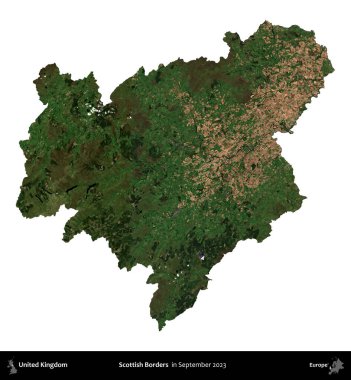 İskoç Sınırı. Birleşik Krallık 'ın idari alanı, Eylül 2023' te çekilen Kopernik Nöbetçi karolarından oluşan bir uydu görüntüsü üzerinde beyaza izole edildi.