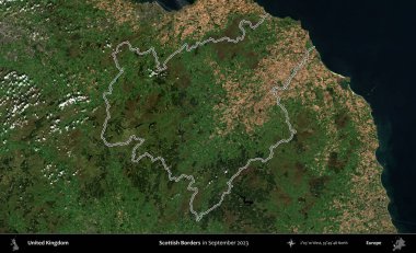 İskoç Sınırı. Eylül 2023 'te çekilen Kopernik Nöbetçi karolarından oluşan bir uydu görüntüsü üzerinde Birleşik Krallık' ın idari bölgesinin ana hatlarını belirledik.