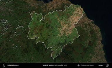 İskoç Sınırı. Birleşik Krallık 'ın idari alanı, Eylül 2023' te çekilen Kopernik Nöbetçi karolarından oluşan koyu renkli bir uydu görüntüsü üzerinde vurgulandı ve özetlendi.