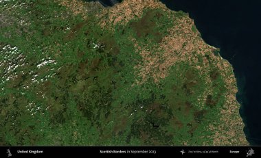 İskoç Sınırı. Eylül 2023 'te Copernicus Sentinel karolarından oluşan bir uydu görüntüsü üzerinde Birleşik Krallık' ın idari alanı