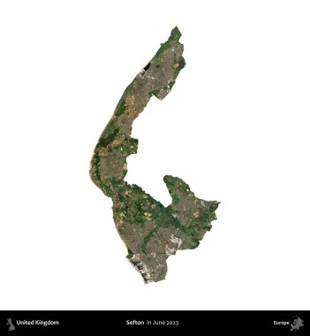 Sefton. Birleşik Krallık 'ın idari alanı, Haziran 2023' te çekilen Kopernik Nöbetçi karolarından oluşan bir uydu görüntüsü üzerinde beyaza izole edilmiştir.