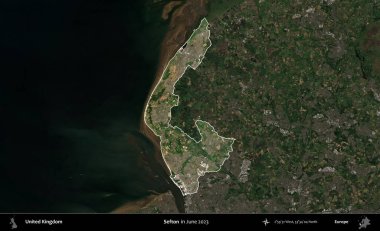 Sefton. Birleşik Krallık 'ın idari alanı, Haziran 2023' te çekilen Kopernik Nöbetçi karolarından oluşan koyu renkli bir uydu görüntüsüyle vurgulanmış ve özetlenmiştir.