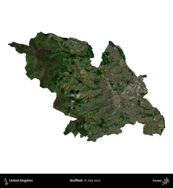Sheffield. Birleşik Krallık 'ın idari alanı, Temmuz 2022' de çekilen Kopernik Nöbetçi karolarından oluşan bir uydu görüntüsüyle beyaza izole edildi.