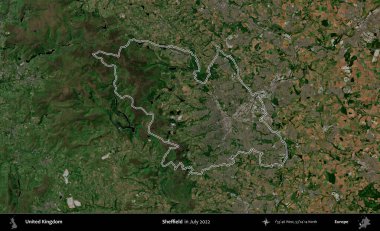 Sheffield. Temmuz 2022 'de çekilen Copernicus Sentinel karolarından oluşan bir uydu görüntüsü üzerinde Birleşik Krallık' ın idari bölgesinin ana hatlarını belirledik.