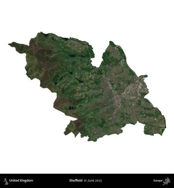 Sheffield. Birleşik Krallık 'ın idari alanı, Haziran 2023' te çekilen Kopernik Nöbetçi karolarından oluşan bir uydu görüntüsü üzerinde beyaza izole edilmiştir.