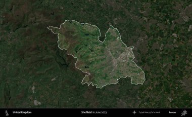 Sheffield. Birleşik Krallık 'ın idari alanı, Haziran 2023' te çekilen Kopernik Nöbetçi karolarından oluşan koyu renkli bir uydu görüntüsüyle vurgulanmış ve özetlenmiştir.
