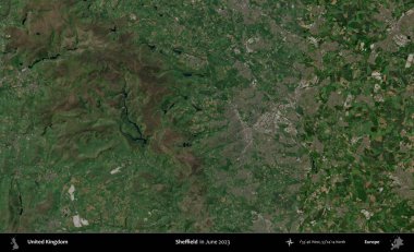 Sheffield. Haziran 2023 'te çekilen Kopernik Nöbetçi karolarından oluşan bir uydu görüntüsü üzerinde Birleşik Krallık' ın idari alanı