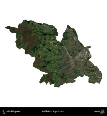 Sheffield. Birleşik Krallık 'ın idari alanı, Ağustos 2024' te çekilen Kopernik Nöbetçi karolarından oluşan bir uydu görüntüsü üzerinde beyaza izole edilmiştir.