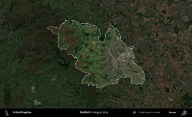 Sheffield. Birleşik Krallık 'ın idari alanı, Ağustos 2024' te çekilen Kopernik Nöbetçi karolarından oluşan koyu renkli bir uydu görüntüsü üzerinde vurgulandı ve özetlendi.