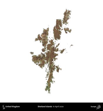 Shetland Adaları. Birleşik Krallık 'ın idari alanı, Nisan 2020' de çekilen Kopernik Nöbetçi karolarından oluşan bir uydu görüntüsü üzerinde beyaza izole edilmiştir.