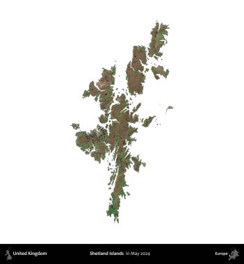 Shetland Adaları. Birleşik Krallık 'ın idari alanı, Mayıs 2024' te çekilen Kopernik Nöbetçi karolarından oluşan bir uydu görüntüsü üzerinde beyaza izole edildi.