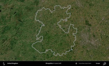 Shropshire 'da. Haziran 2018 'de çekilen Kopernik Nöbetçi karolarından oluşan bir uydu görüntüsü üzerinde Birleşik Krallık' ın idari alanının ana hatlarını belirledik.