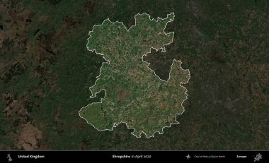 Shropshire 'da. Birleşik Krallık 'ın idari alanı, Nisan 2020' de çekilen Kopernik Nöbetçi karolarından oluşan koyu renkli bir uydu görüntüsü üzerinde vurgulandı ve özetlendi.