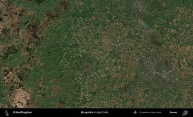 Shropshire 'da. Nisan 2020 'de çekilen Kopernik Nöbetçi karolarından oluşan bir uydu görüntüsü üzerinde Birleşik Krallık' ın idari alanı