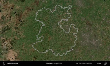 Shropshire 'da. Nisan 2021 'de çekilen Kopernik Nöbetçi karolarından oluşan bir uydu görüntüsü üzerinde Birleşik Krallık' ın idari bölgesinin ana hatlarını belirledik.