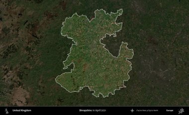 Shropshire 'da. Birleşik Krallık 'ın idari alanı, Nisan 2021' de çekilen Kopernik Nöbetçi karolarından oluşan koyu renkli bir uydu görüntüsü üzerinde vurgulandı ve özetlendi.
