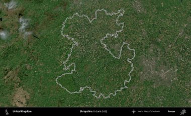 Shropshire 'da. Haziran 2023 'te çekilen Kopernik Nöbetçi karolarından oluşan bir uydu görüntüsü üzerinde Birleşik Krallık' ın idari alanının ana hatlarını belirledik.
