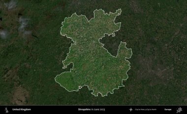 Shropshire 'da. Birleşik Krallık 'ın idari alanı, Haziran 2023' te çekilen Kopernik Nöbetçi karolarından oluşan koyu renkli bir uydu görüntüsüyle vurgulanmış ve özetlenmiştir.