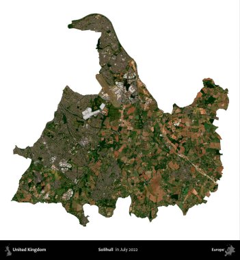 Solihull. Birleşik Krallık 'ın idari alanı, Temmuz 2022' de çekilen Kopernik Nöbetçi karolarından oluşan bir uydu görüntüsüyle beyaza izole edildi.