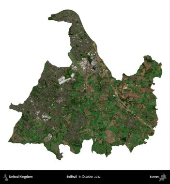 Solihull. Birleşik Krallık 'ın idari alanı, Ekim 2022' de çekilen Kopernik Nöbetçi karolarından oluşan bir uydu görüntüsüyle beyaza izole edildi.