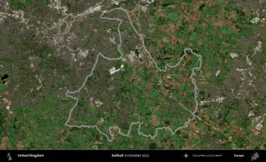 Solihull. Ekim 2022 'de çekilen Kopernik Nöbetçi karolarından oluşan bir uydu görüntüsü üzerinde Birleşik Krallık' ın idari alanının ana hatlarını belirledik.