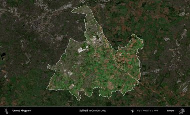 Solihull. Birleşik Krallık 'ın idari alanı, Ekim 2022' de çekilen Kopernik Nöbetçi karolarından oluşan koyu renkli bir uydu görüntüsü üzerinde vurgulandı ve özetlendi.